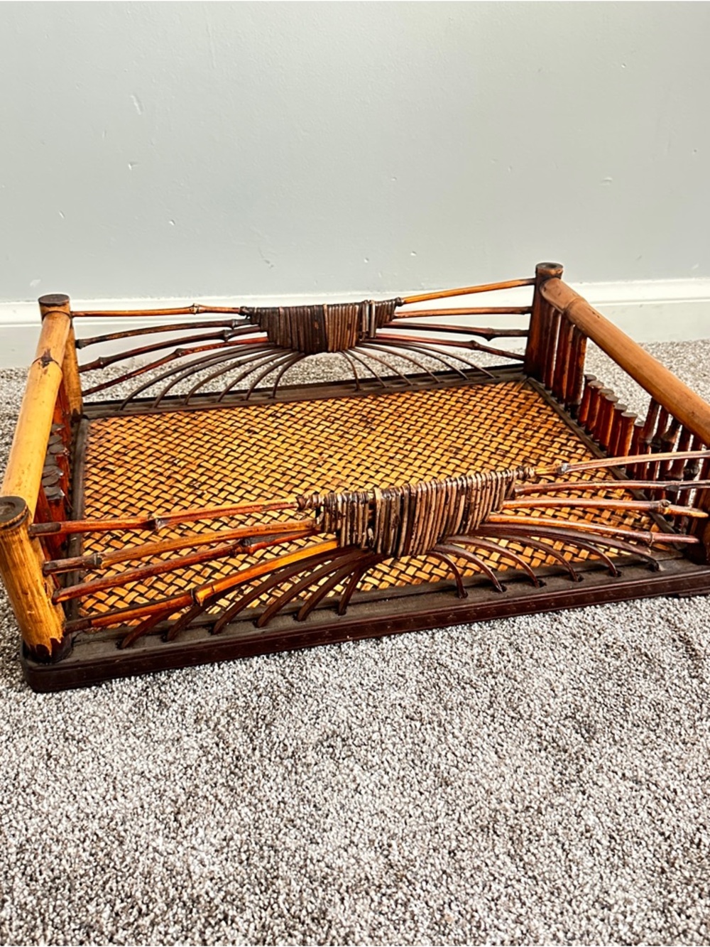 Vintage rattan bamboo serving tray 19x13x4